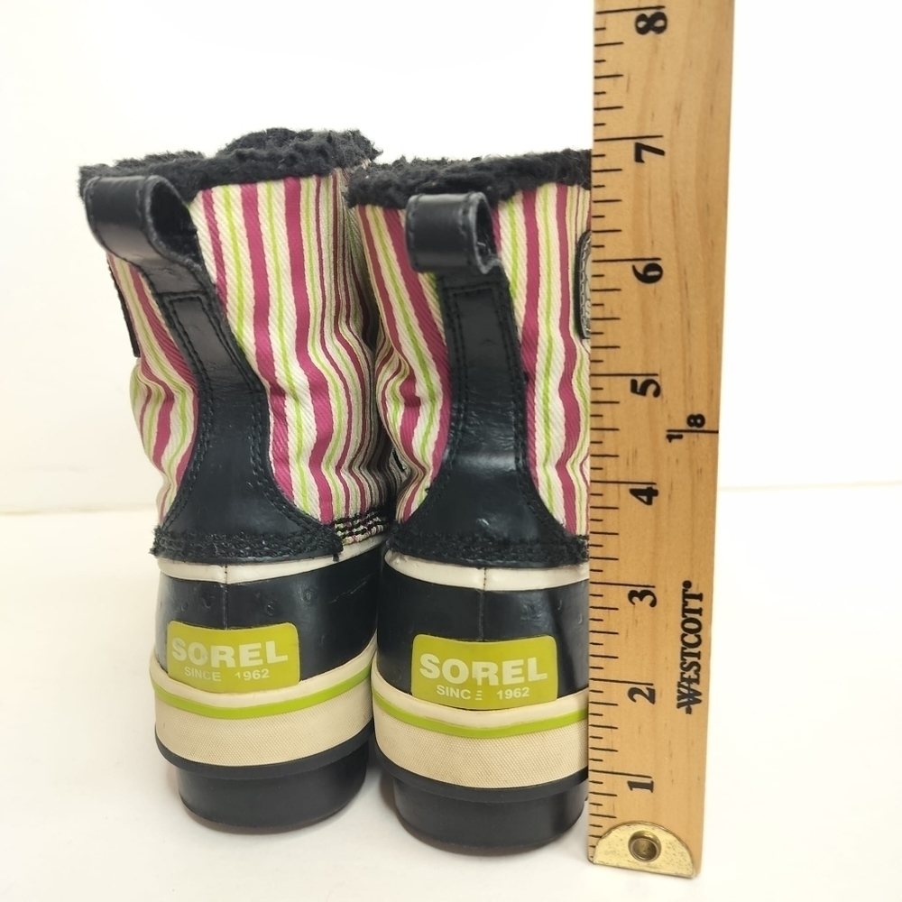 SOREL Tivoli Rubber Pink Green Striped Youth 4 Winter Duck Boots Faux Fur Trim - Picture 13 of 15